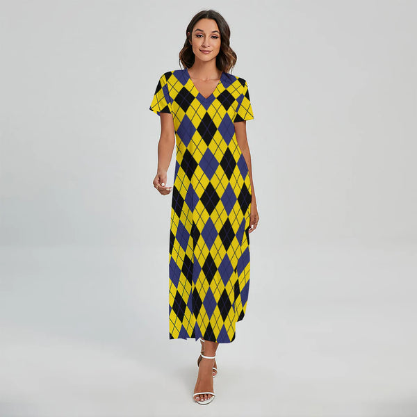 Yellow Blue And Black Argyle Print Short Sleeve Maxi Dress