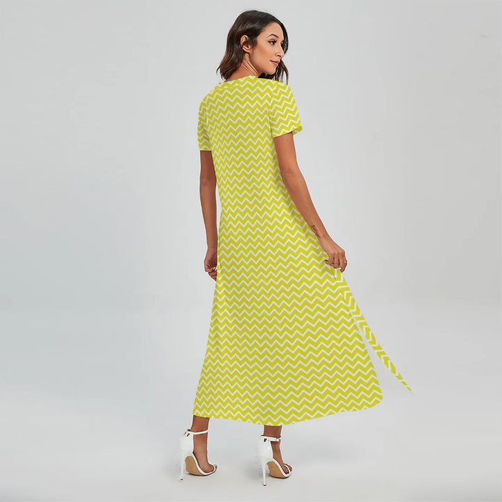 Yellow And White Zigzag Pattern Print Short Sleeve Maxi Dress