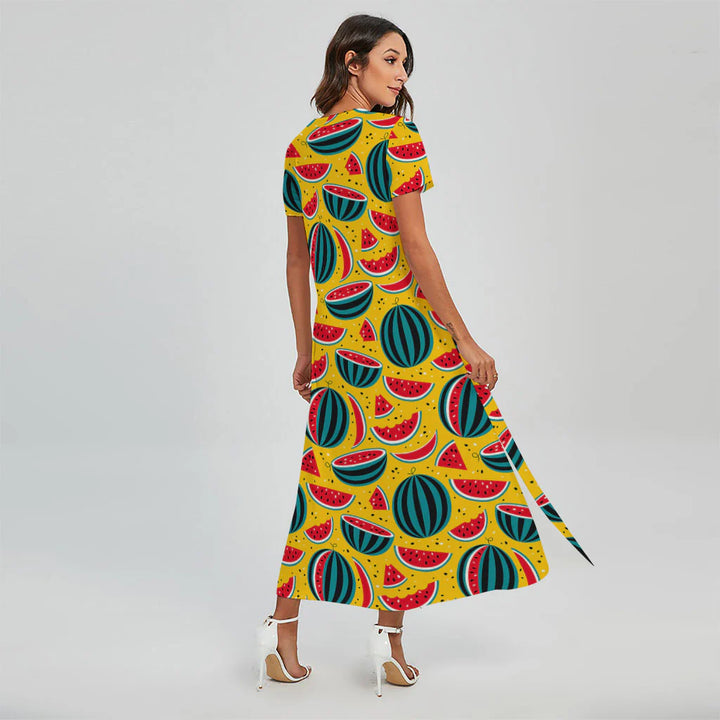 Yellow Watermelon Pieces Pattern Print Short Sleeve Maxi Dress