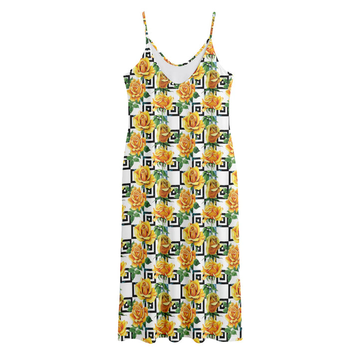 Yellow Watercolor Rose Print Jersey Midi Cami Dress