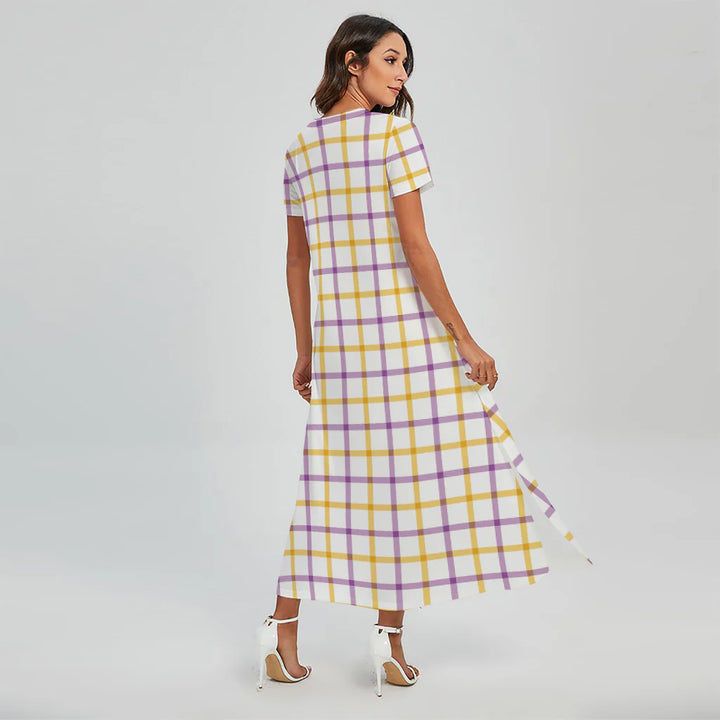 Yellow And Purple Tattersall Print Short Sleeve Maxi Dress