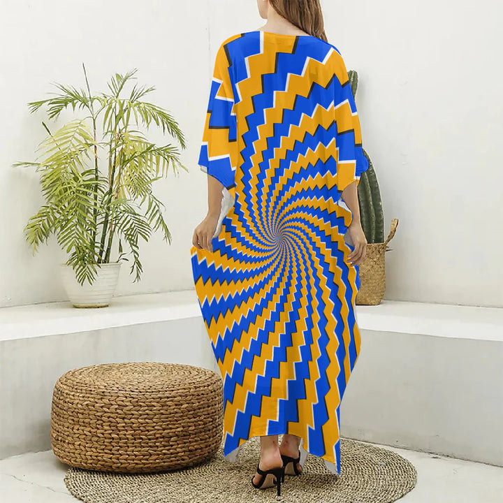 Yellow Spiral Moving Optical Illusion Silk V-Neck Kaftan Dress