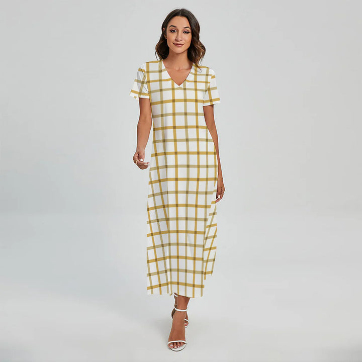 Yellow And Beige Tattersall Print Short Sleeve Maxi Dress