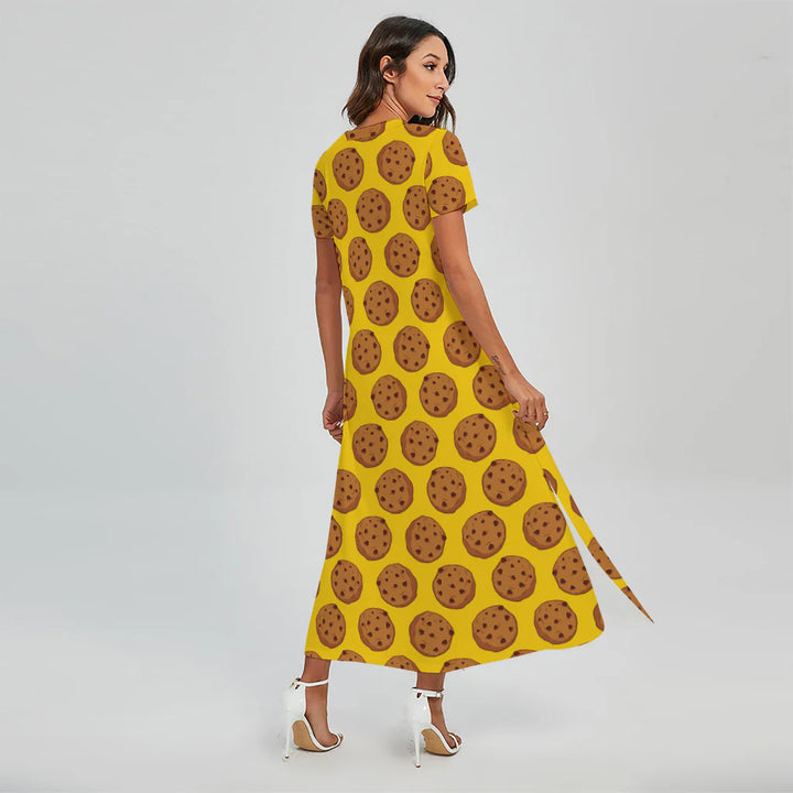 Yellow Cookie Pattern Print Short Sleeve Maxi Dress