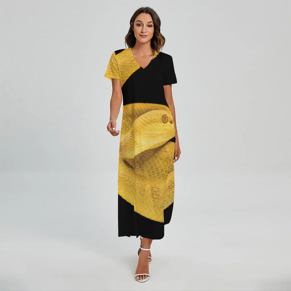 Yellow Snake Print Short Sleeve Maxi Dress