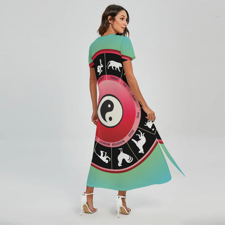 Yin Yang Chinese Zodiac Signs Print Short Sleeve Maxi Dress
